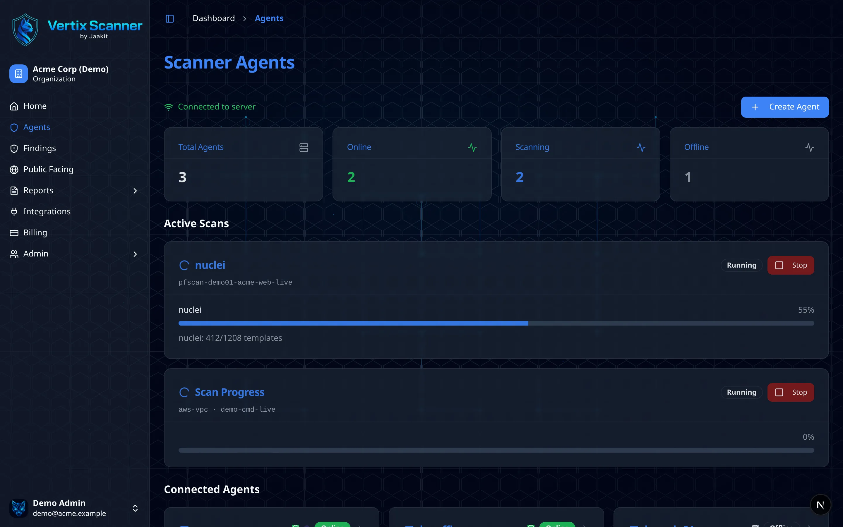 Agents page showing connected scanners with status and scan stats