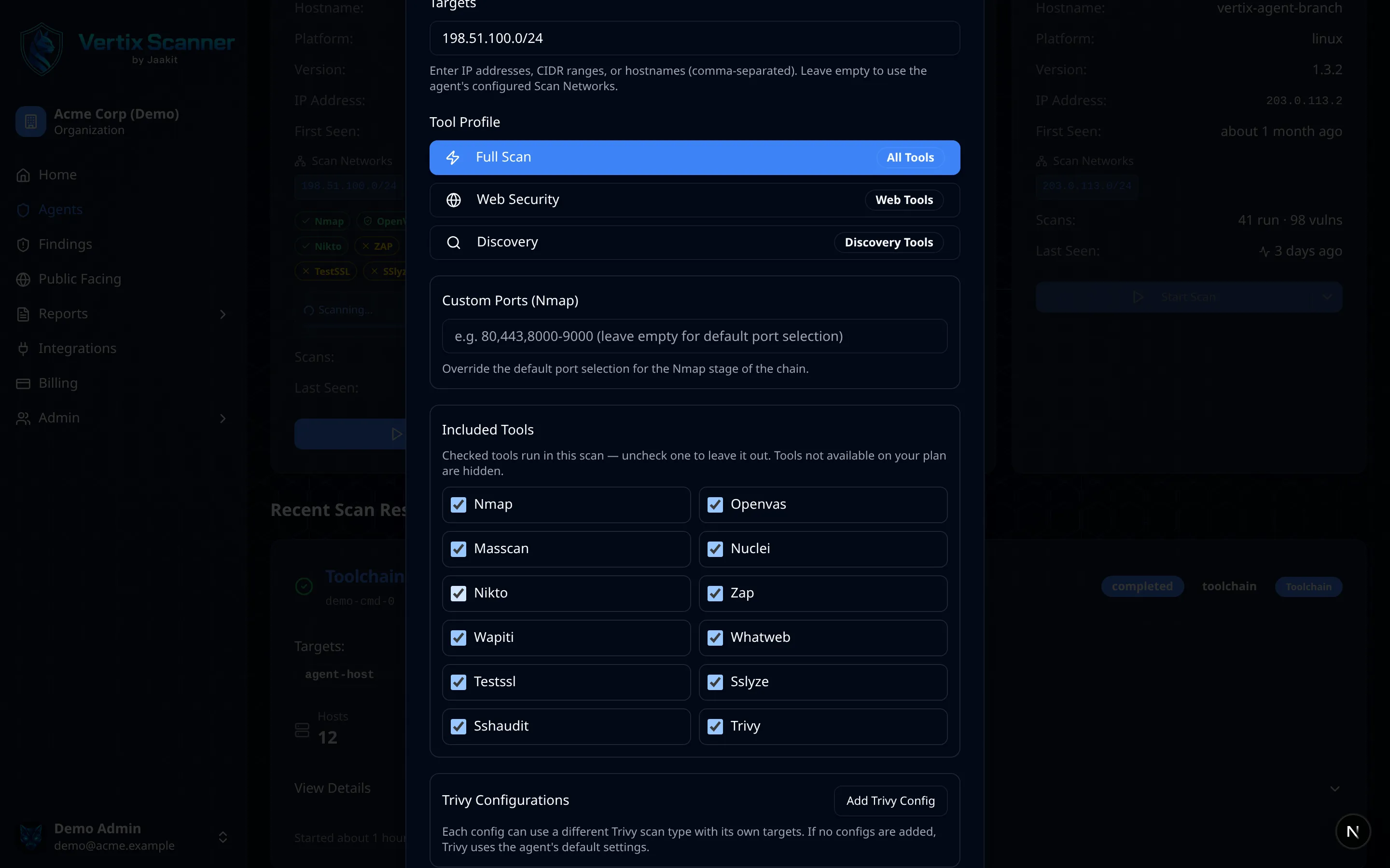 Scan dialog with Simple and Advanced modes and presets from Discovery to Full Scan