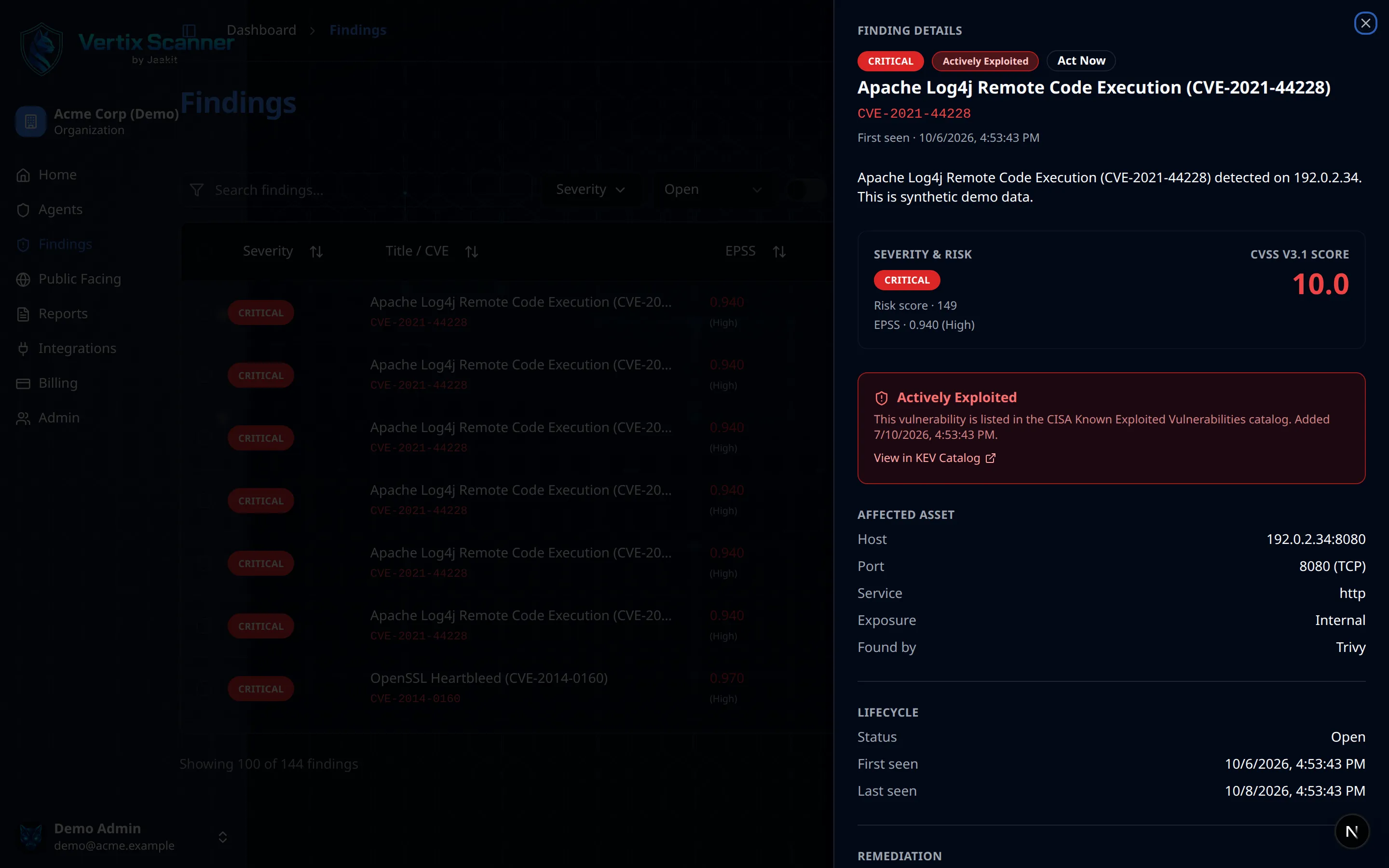 Finding detail panel with CVSS score, KEV status, affected asset and remediation