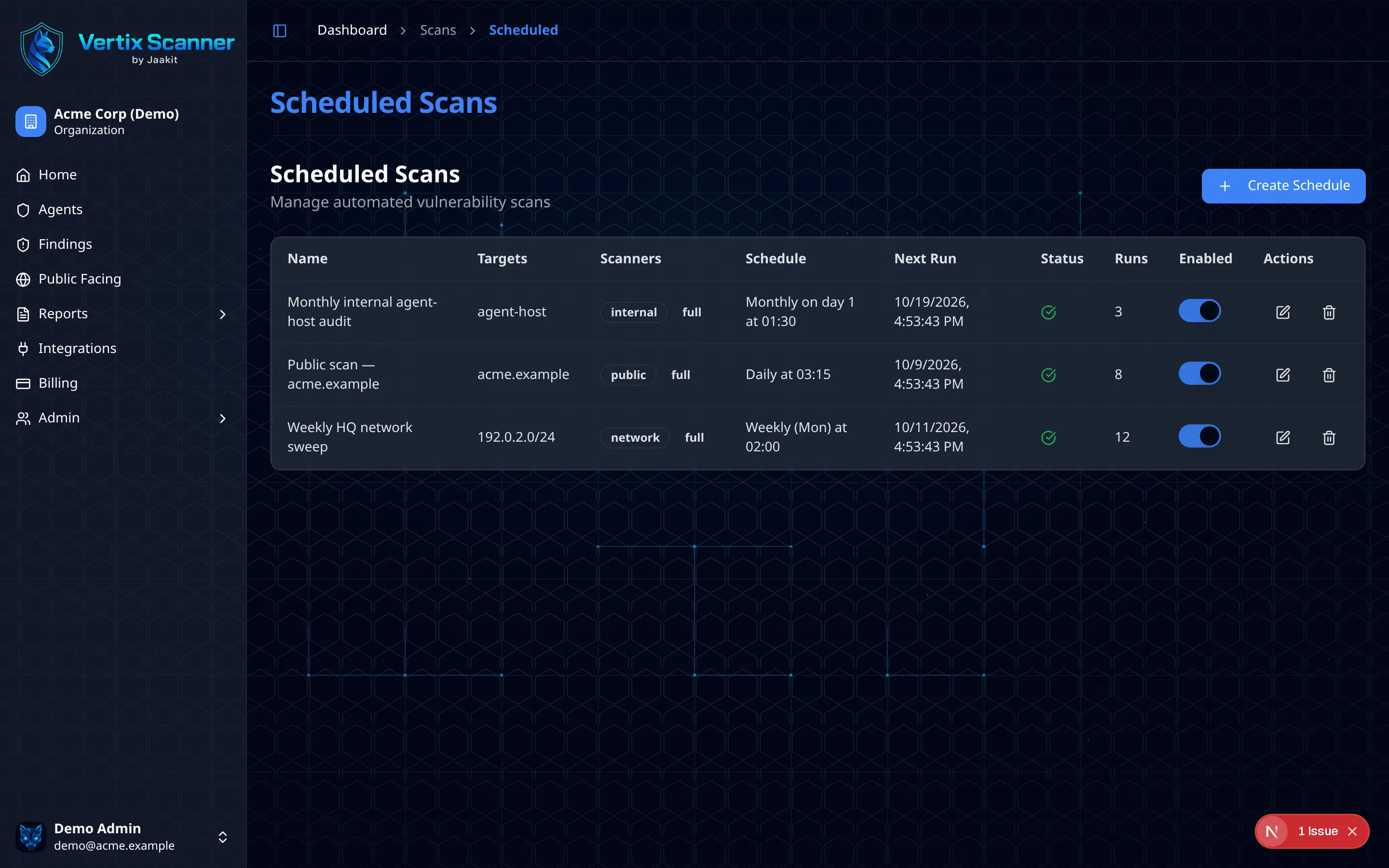 Scheduled scans list with recurrence and next run times