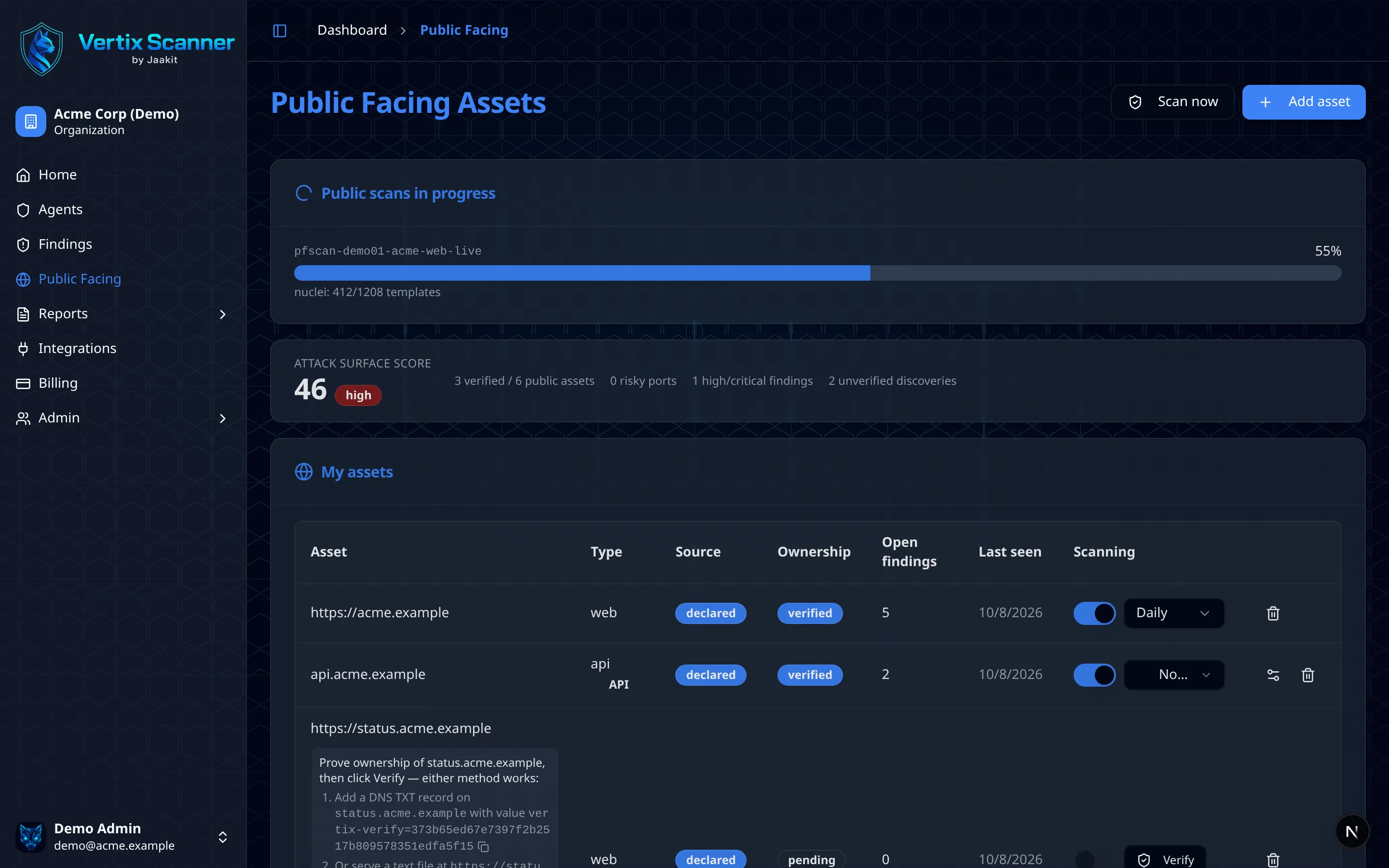 Public Facing assets page with ownership verification, attack-surface score and live public scan progress