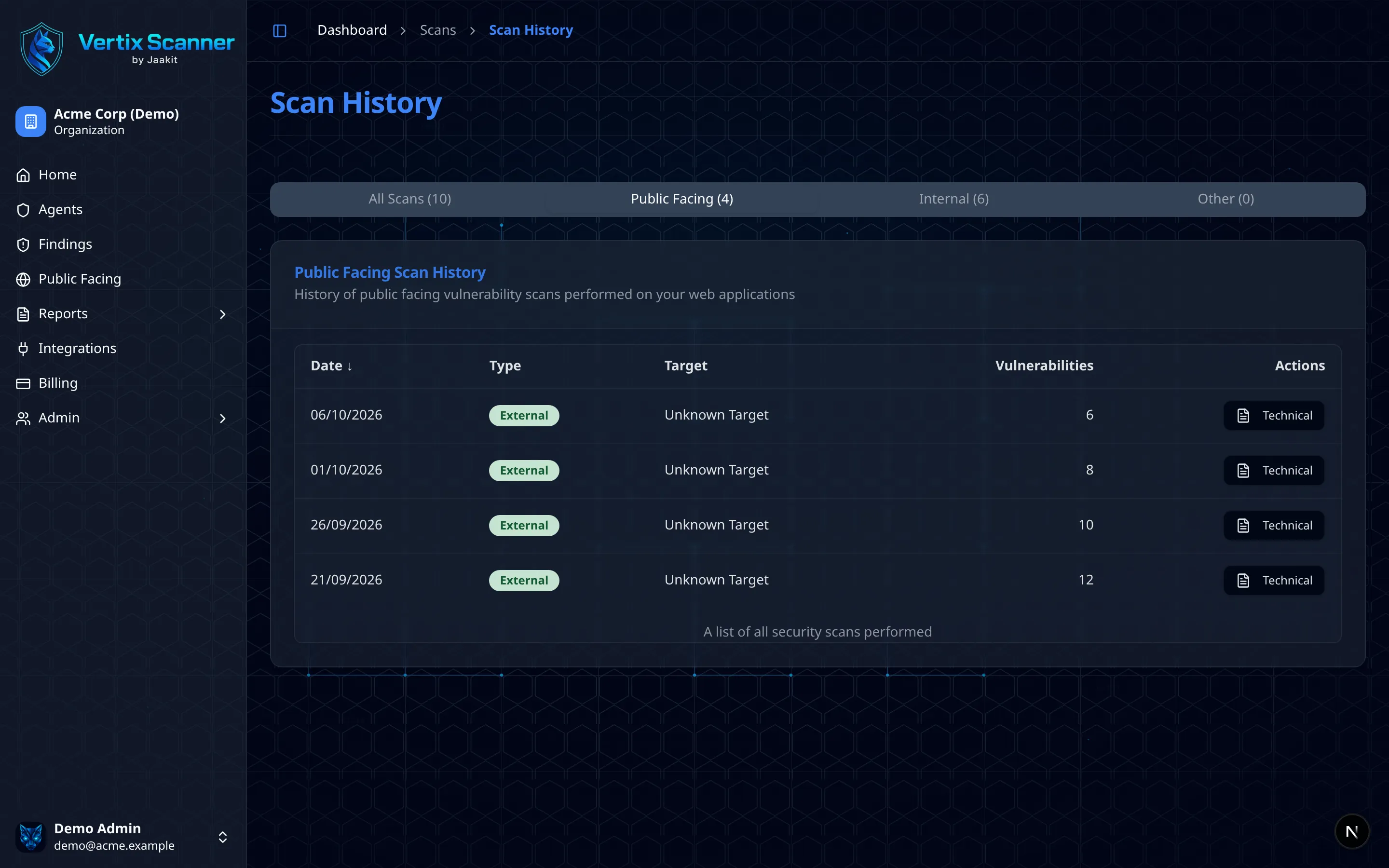 Scan history filtered to public facing scans with vulnerability counts