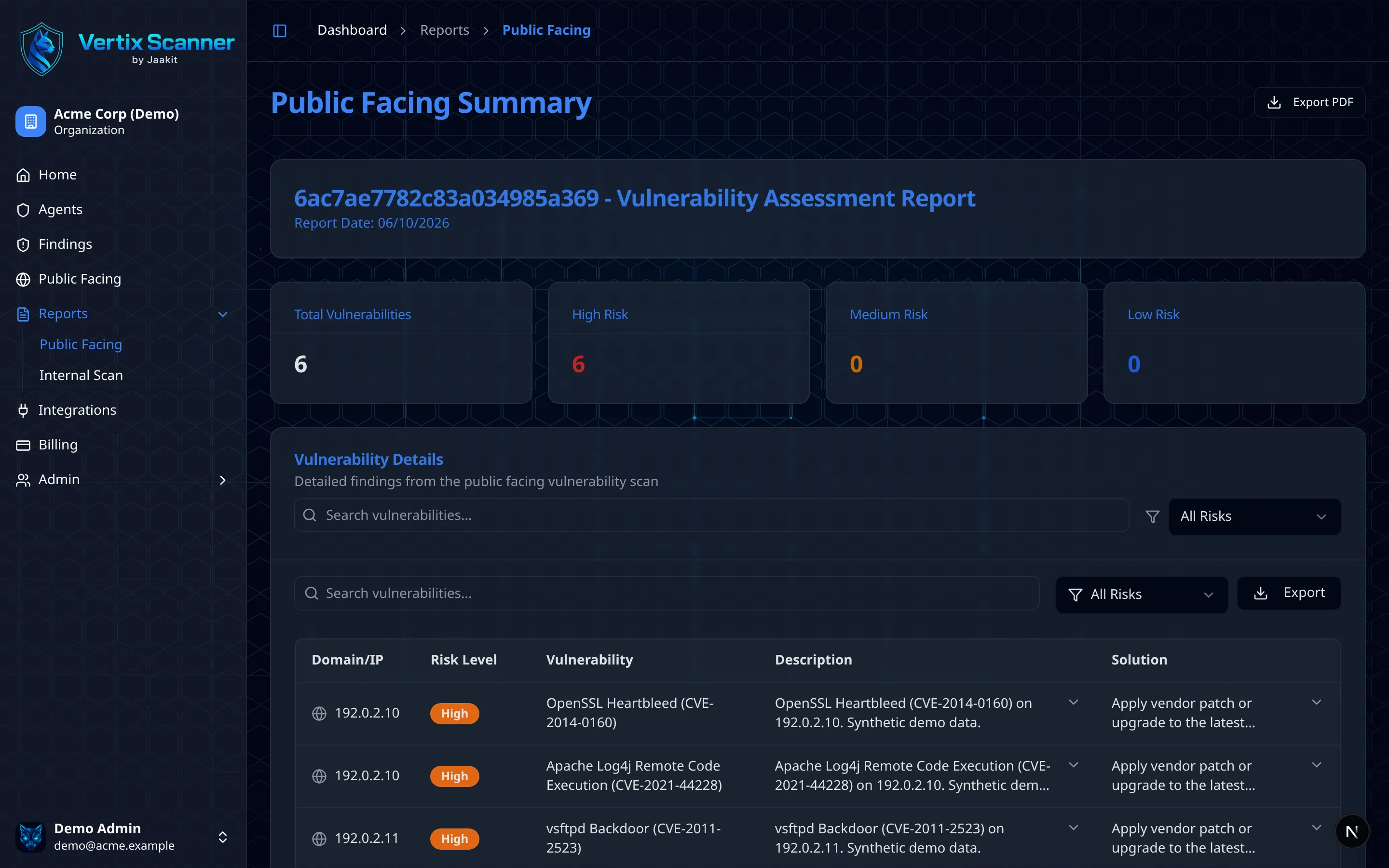 Public Facing vulnerability report with risk summary and detailed findings table